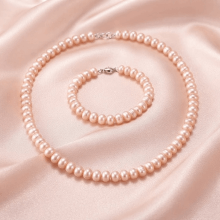 Child Button Pearl Necklace & Bracelet Set (Peach)