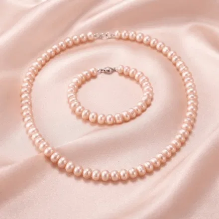 Child Button Pearl Necklace & Bracelet Set (Peach)